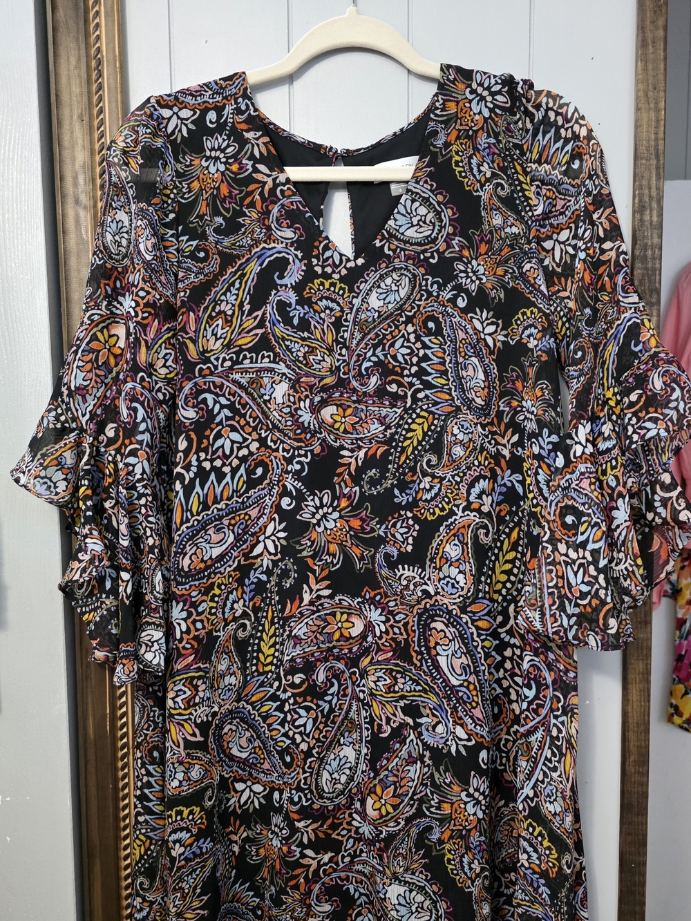 Calvin Klein Black Paisley V-Neck Ruffle Sleeve Dress